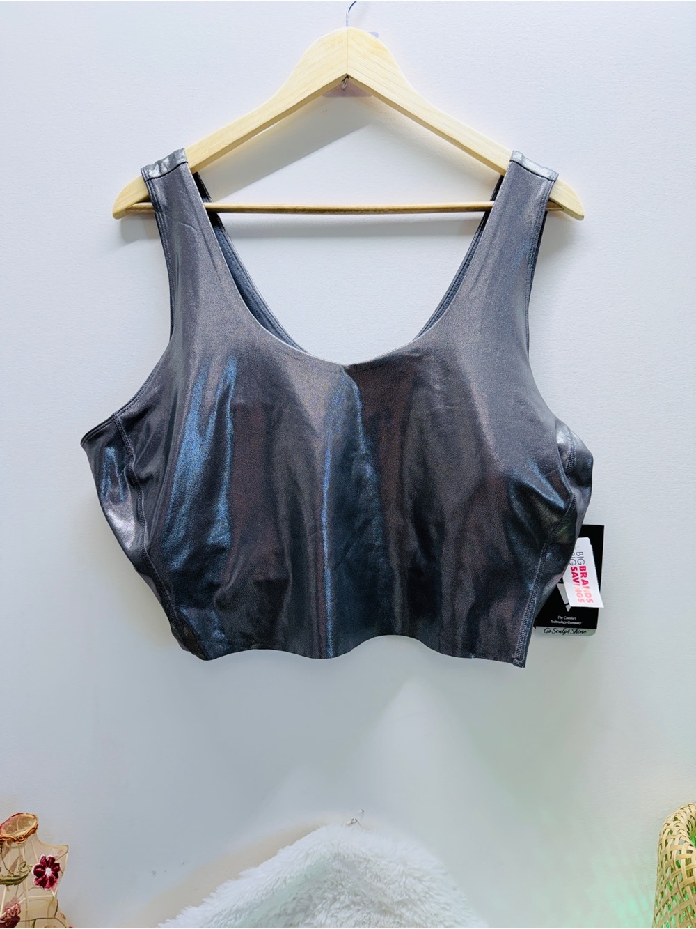 NWT Sketcher’s Metallic Shimmer Crop Tank Top Go Sculpt Shine Bra In Silver 3X 🔥